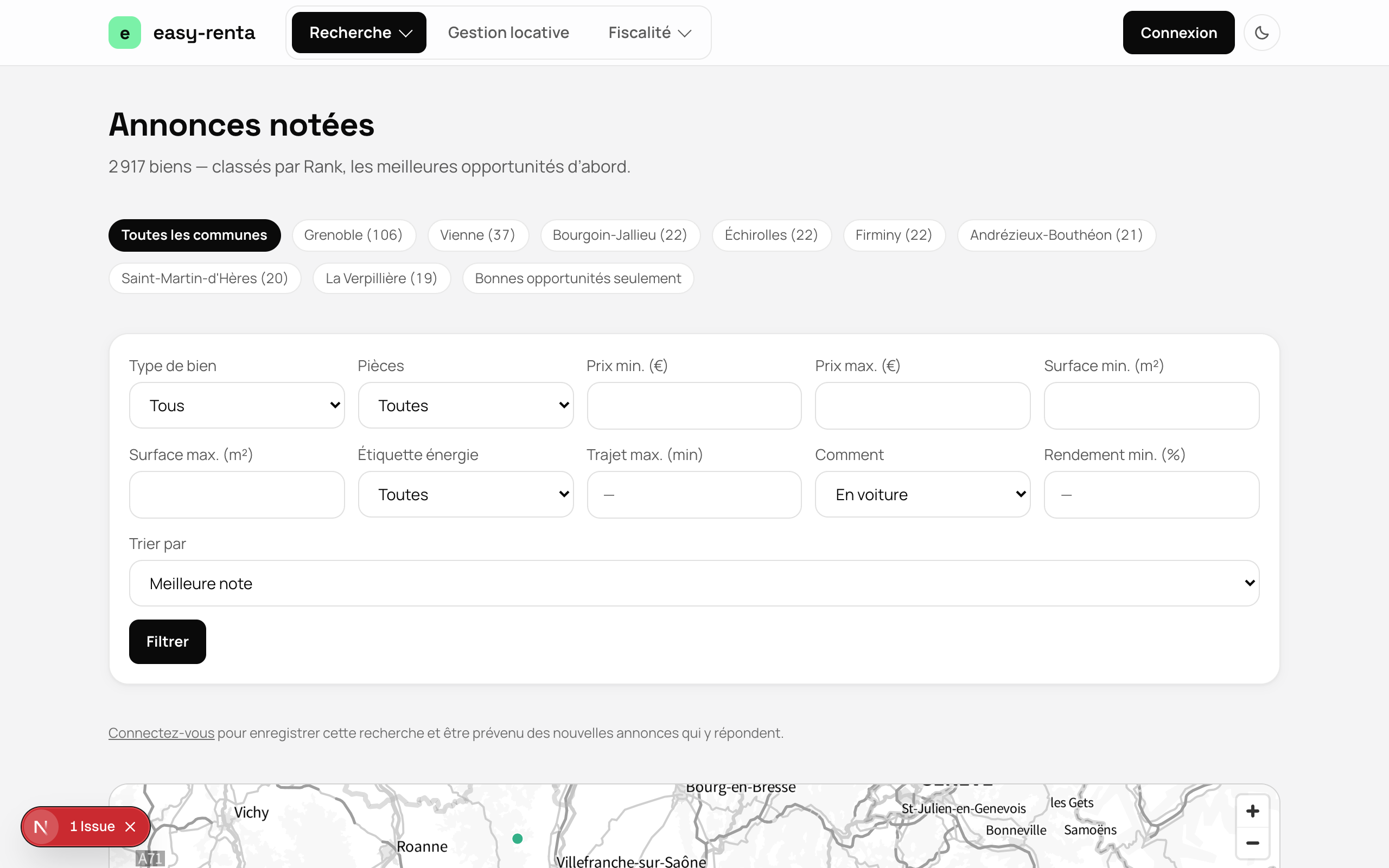 Aperçu du site : annonces notées sur 5, filtres par commune et par budget
